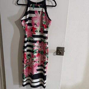 Vince Camuto Black and White Striped Dress with Pink Floral